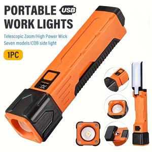 TEMU LED 작업용 손전등 (자석 받침대 포함) | 3가지 조명 모드, 다기능 망원 줌 디자인, 고휘도 COB 보조 램프, 독서 및 캠핑용 소형 데스크 램프, USB 충전식, 18650 리튬 배터리 - 아웃도어, 정비공에게 적합