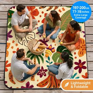 TEMU 4-8인용 초대형 두꺼운 피크닉 매트 - 내구성 강화 3겹 패딩 베이스, 미끄럼 방지 접이식 야외 담요, 캐리 스트랩 포함, 대형 80x80 인치 캠핑·해변·BBQ·가족 모임용, 사계절 휴대용 뒷마당 장식, 파티 테이블 커버, 폴리에스터 소재, 그룹 아웃팅 필수품