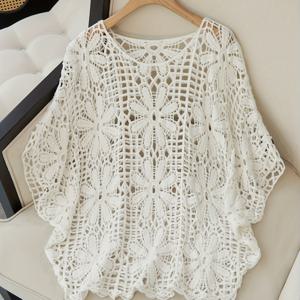 TEMU 여성용 배트윙 소매 비치 블라우스 - 중동 스타일 반투명 오픈워크 라운드넥 배트윙 탑, 루즈핏 숏소매 봄 여름 캐주얼 & 해변 휴가용, 비치웨어 (데일리 웨어 추천)|반팔셔츠