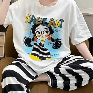 TEMU 귀여운 안경과 트윈 브레이드 프린트가 있는 2pcs 세트, 팬츠 매치 - 아시안 사이즈|파자마|여름잠옷