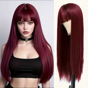 TEMU 우아한 26인치 합성 가발 (앞머리 포함), 내열성 섬유, 조절 가능한 통기성 망사 캡, 모든 인종과 피부톤에 적합, 데일리 웨어, 코스프레, 카니발용, 파티 패션 헤어 액세서리|코스프레