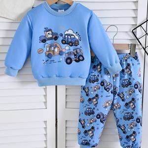 TEMU 귀여운 자동차 프린트 라운드넥 긴팔 스웨트셔츠와 팬츠가 포함된 남아용 가을/겨울 세트, 완벽한 선택
