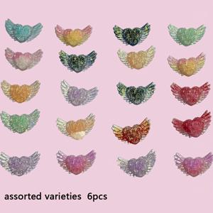 TEMU 6개입 야광 수지 하트윙 비즈 - 이리데센트 파스텔색 & 빛나는 밤의 효과, 25x42mm DIY 크래프트용 (가방/옷/머리핀/마법봉/요정날개) - 반투명한 날개무늬(핑크,블루,퍼플,옐로우,그린,레드), 발광 장식
