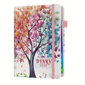 TEMU Dzhzal 2026 플래너 - 가죽 하드커버 & 컬러 코드 주간/월간 탭, 생명의 나무 디자인, 탄성 밴드 & 펜 고리, 두꺼운 종이 다이어리 캘린더, 2026년 1월-12월 (휴일 표시, 컴팩트 플래너)|달력|달력