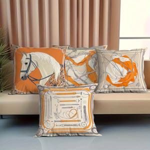 TEMU 오렌지색 바탕에 우아한 패턴이 있는 승마 테마 장식 베개 커버 4개 세트. 예술적인 디자인, 17.72 X 17.72인치, 생생한 프린트. 가족 모임, 실내 및 실외 사용에 적합.