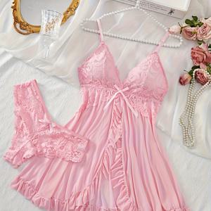 TEMU 여성용 섹시 레이스 나이트가운 - V넥 세미 시스루 나이트드레스, V넥 서스펜더 원피스, 레이스 트림 & 편안한 수면복, 손세탁 가능한 웨딩드레스 또는 파자마 (단색)