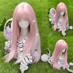 TEMU 26인치 여성용 가발, 밝은 핑크색, 젊고 곧은 앞머리가 특징이며, 달콤하고 우아한 데일리 코스프레, 데이트 및 파티에 적합하며 편안함과 통기성을 위해 디자인되었습니다.