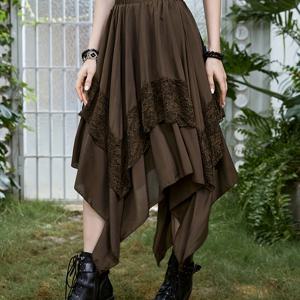 TEMU 고딕 스타일 여성용 미디 스커트, 레이스 패치워크, 불규칙한 플레어 디자인