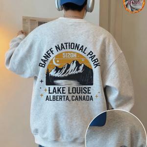 TEMU 2025년 청소년 트렌디 플리스 크루넥 스웨트셔츠 남녀공용, Banff National Park Lake Louise 프린트, 따뜻하고 넉넉한 핏의 캐주얼 탑, 가을, 겨울에 커플에게 완벽