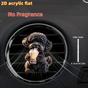 TEMU 귀여운 검은색 테디 강아지가 우유차를 마시는 2D 평면 디자인입니다. 자동차 에어 벤트 클립 장식으로 디자인되었으며 