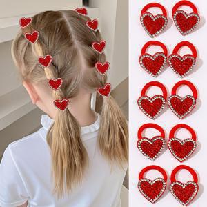 TEMU 10개입 발렌타인데이 머리끈 여아용, 스위트 스타일, 하트 디자인, 혼합 색상, 폴리에스터 직조, ABS, 여아의 일상복, 친구 및 절친 선물로 이상적