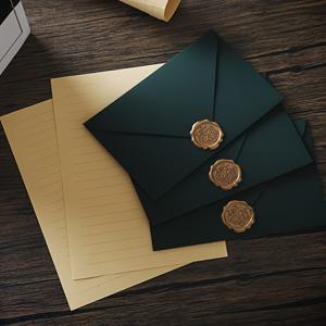 TEMU 8장 문구류 + 3개 봉인 스티커 + 3개 봉투 레트로 로맨틱 다크 그린 봉투 크라프트 종이 가로선 문구 세트 두꺼운 무광 터치 고백 문구 세트|편지지