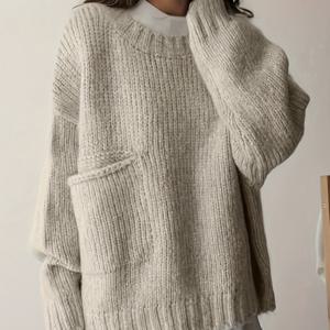 TEMU 플러스 사이즈 여성용 캐주얼 리브드 스웨터 - 포켓이 있는 편안한 라운드넥 긴팔 풀오버, 기계 세탁 가능 겨울 보온, 텍스처 패브릭