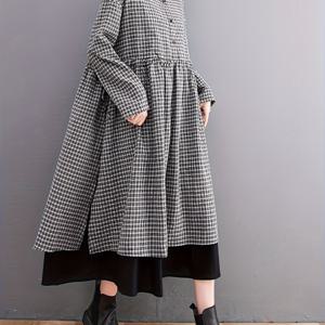 TEMU 여성용 나이 감소 효과 허리 슬림핏 셔츠 원피스, 가을 루즈핏 스타일리시 밑단 패치워크 2-in-1 룩 격자무늬 원피스