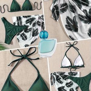 TEMU 여성용 비키니 세트, 삼각형 타이 리프 프린트 랩 스커트