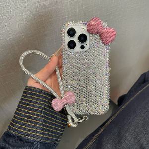 TEMU 폰 케이스: 심플한 반짝이는 라인스톤 리본 풀커버 폰 케이스 + 리본 팔찌, 아이폰 17, 16, 15, 14, 13 프로 맥스 호환