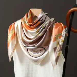 TEMU 우아한 파란색과 금색 기하학적 프린트 스카프, 35.43x35.43 인치 - 부드러운 폴리에스테르, 따뜻하고 장식적, 손세탁 가능, 여성용 캐주얼 주말 의상에 이상적, 세련된 넥웨어 | 기하학적 패턴 스카프 | 부드러운 텍스처 소재, 스카프