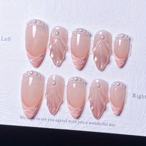 TEMU 수제 아몬드형 프렌치 프레스온 네일 10개입, 오렌지-핑크 & 샴페인 색상 - 쉘 패턴 광택 인조 손톱/발톱용 - 럭셔리 매니큐어/Wpedon
