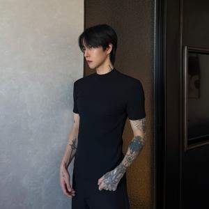 TEMU Shule Water OBM 신상 탄성 슬림핏 속건 트렌디 반팔 남성 여름 단색 하프 하이 칼라 티셔츠