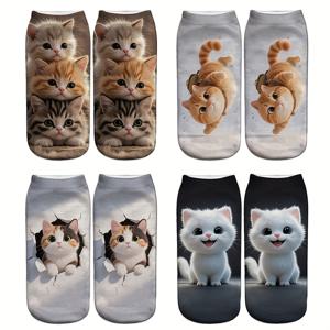 TEMU 4팩 여성용 3D 캐릭터 고양이 양말 - 귀여운 엿보는 고양이 디자인, 패턴의 통기성 좋은 발목 양말, 세탁 가능한 캐주얼 양말, 편안한 착용감