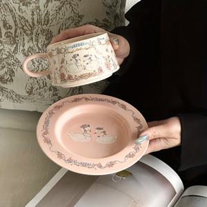 TEMU 인스 스타일 하트 만화 세라믹 컵, 귀여운 백조 커피 컵과 접시 세트, 고가의 애프터눈 컵, 라떼 아트 컵