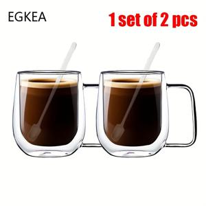 TEMU EGKEA, 2-4-6개 세트 - 350ml, 이중벽 유리 커피컵 + 스푼, 투명 보온 유리 컵, 핸들 포함, 라떼, 카푸치노, 티백, 뜨거운 음료 및 차가운 음료에 적합, 선물용으로 이상적