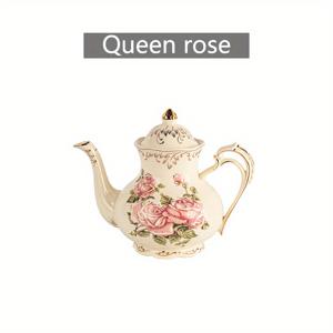 TEMU 우아한 꽃무늬 세라믹 찻주전자 뚜껑 및 손잡이 포함 - 대용량, 핑크 장미와 녹색 잎 디자인의 화이트 컵, 차나 커피에 완벽, 집이나 사무실을 위한 이상적인 선물, 차 서빙 필수품 | 우아한 찻주전자 | 장식적인 찻주전자