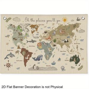 TEMU 1개 2D 평면 세계 지도 배너 | 귀여운 동물 교육용 폴리에스터 태피스트리 벽걸이 배너 깃발 장식, 방용, 20x30인치, 혼합 색상