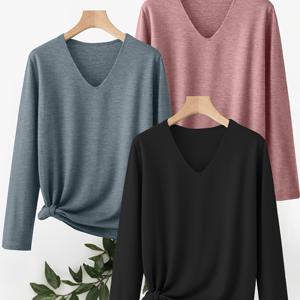 TEMU 여성용 V넥 긴팔 티셔츠 3종 세트 - 부드럽고 통기성 좋은 캐주얼 레이어링 아이템, 스트리트웨어, 여행, 데일리룩에 적합 - 봄/가을 워드로브, 세탁기 사용 가능한 편안한 블라우스 (번호 없음)|블라우스|티셔츠|여성블라우스