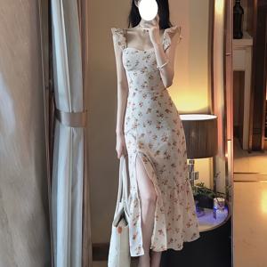 TEMU 프렌치 젠틀 스타일 플로럴 드레스 여성용 여름 신상 허리 슬릿 멜빵 롱 스커트