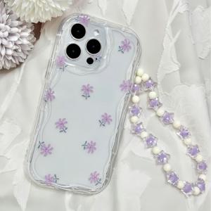 TEMU 신선한 플로럴 폰 케이스 | 투명 베이스 + 보라색 꽃 스트랩, 로맨틱 & 우아한 매칭 랜야드 세트, 아이폰 17 16 15 14 13 12 11 프로 맥스 플러스 XS XR X 8 7 호환