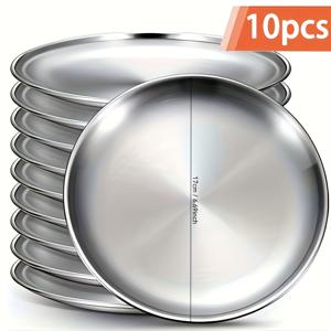 TEMU 다양한 크기로 제공되는 10개 스테인리스 스틸 샐러드 접시, 트레이, 주방 트레이, 캠핑 저녁 접시, 바베큐 뷔페 서빙 접시, 7.87인치, 은색, 크리스마스, 할로윈 및 추수감사절 파티에 적합