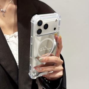 TEMU 휴대폰 케이스 - 맞춤 각인 이름 메이크업 거울 마그네틱 폰 케이스 (아이폰 17 Pro Max, 17 Pro, 16, 15, 14, 13, 12 Pro Max 호환) - 충격 방지 및 낙하 방지 보호 커버