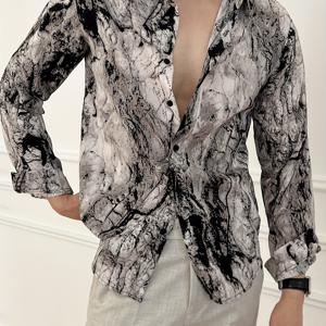 TEMU 남성용 빈티지 마블 프린트 긴팔 셔츠, 봄 가을 캐주얼, 통기성, 주름 방지