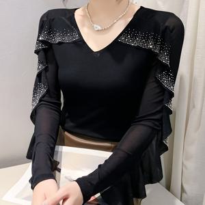 TEMU 가을 신상 롱슬리브 V넥 여성 우아한 탑, 스타일리시 러플 소매, 라인스톤 메쉬, 고탄력 허리 티셔츠, 프롬웨어를 위한 독특한 신상 의류|티셔츠|셔츠|드레스