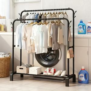 TEMU 1개 튼튼한 독립형 옷 건조대 2단 디자인 - 튼튼한 철제 프레임 & 플라스틱 후크, 공간 절약형 세탁 건조대 (옷, 침실, 욕실용) - 간편한 조립, 블랙, 옷 건조대, 옷 건조대|빨래건조대