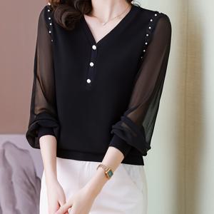 TEMU 여성용 V넥 쉬폰 패치워크 긴팔 탑, 진주 장식, 티셔츠, 여성용 단색 부드럽고 편안한 다용도 탑, 여성용 탑, 여성용 티셔츠, 여성용 의류