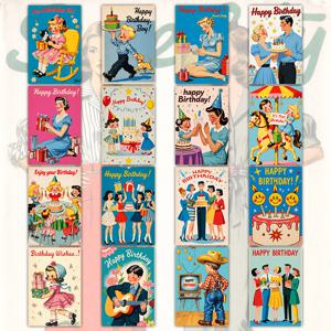 TEMU 레트로 향수 스타일 생일 카드 16장 1세트, 클래식 만화 캐릭터 케이크 파티 장면 엽서, 범용 성인 휴일 축복 카드, 창의적인 레트로 일러스트 생일 축복 카드, 우편 발송 가능한 축복 카드