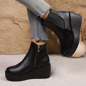 TEMU 여성용 스타일리시 웨지 플랫폼 앵클 부츠 (특징: 사이드 지퍼, 블랙 색상). 가을, 겨울철 쇼핑, 휴가 및 일상복으로 적합