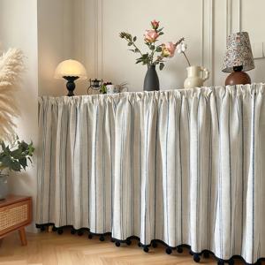 TEMU 일본 스타일 세로 줄무늬 주름 테이프 당김 시스템 및 블랙 폼폼 트림 커튼 1개 패널 - 주방 수납장, 출입구, 싱크대 커버에 적합한 짧은 팜하우스 창문용 - 관리가 쉬운 반투명 디자인|싱크대