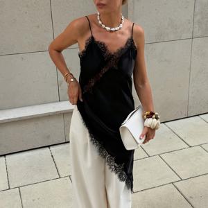 TEMU 레이스 여성 드레스, 스트랩 디자인, 새틴 비대칭 파티 미니 드레스, 우아한 신상 나이트가운, 민소매 섹시한 브라운 & 블랙 백리스 드레스|여름원피스|나시원피스|민소매원피스