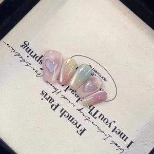 TEMU 10개입 K'APEINE 핸드프레스 온 네일 - 마카롱 그라데이션 투명 프레스온 네일, 물방울 모양 3D 하트 장식, 달콤한 광택 인조네일, 파스텔 // 데일리 & 데이트 나이트용 (새해 매니큐어) - 10|네일팁