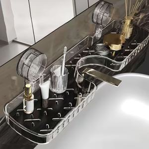 TEMU 드릴 없이 설치하는 흡착식 욕실 선반 정리대 - 다용도 크롬 플라스틱 세면대 수납장, 칫솔 & 병 보관함, 공간 절약형 모던 디자인, 화장품 및 메이크업 스테이션용 욕실 오거나이저|욕실선반|화장실선반|싱크대