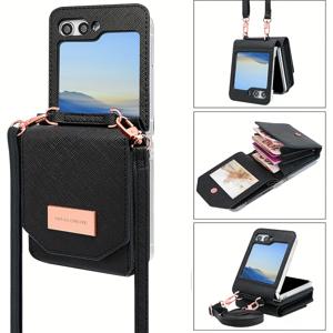 TEMU 휴대폰 케이스 - 세련된 인조 가죽 크로스바디 지갑, 휴대폰 보관용으로 디자인, 삼성 갤럭시 Z 플립 5 호환, 간편한 휴대를 위한 넥 스트랩 및 스트랩 포함.