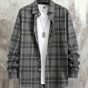 TEMU 남성용 단색 체크 캐주얼 셔츠 1개, 봄/가을용 통기성 탑, 일상복으로 적합, 칼라 긴팔 얇은 재킷 디자인, 여행 및 휴가에 이상적