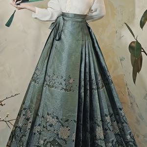 TEMU 빈티지 스타일 원피스 하이웨이스트 타이업 플리츠 스커트, 중국 프린트, 말얼굴 패턴, 고풍스러운 휴가용 발목길이 드레스 A