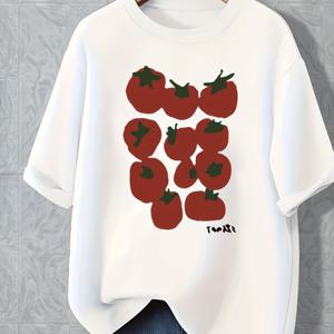 TEMU Y2K 스타일의 넉넉한 반팔 여성 티셔츠, 토마토 프린트 디자인, 달콤하고 귀여운 스타일, 재질: 95% + 5%|여성원피스|반팔티|티셔츠