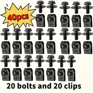 TEMU 40개 자동차 바디 볼트 및 U-너트 키트 (볼트 20개 + 와셔 20개), M6 후드 언더 서포트 스플래시 가드 범퍼 펜더 라이너 고정 리벳 스크류, 범퍼 펜더 라이너 푸시-풀 금속 내식성 U자형 고정 클립