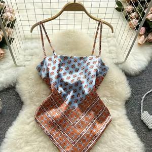 TEMU 서클 서클 여성용 유럽&미국 스타일 탑 니치 프린트 벨리 밴드 하트형 노백 매듭 슬림 멀티 탱크탑