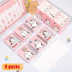 TEMU 9개 세트 해피 키티 휴대용 티슈 - 72매, 귀여운 고양이 디자인과 재미있는 문구, 학생 및 이동 중 사용하기 좋은 삼겹 천